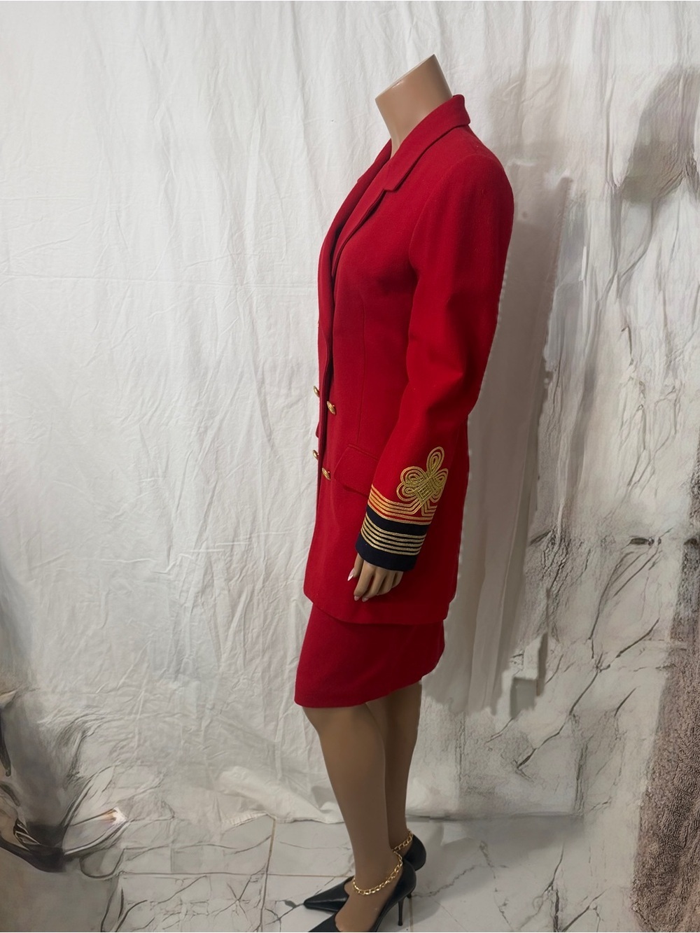 Womens Red Double-Breasted Blazer with Gold Button & Trim☑️ - Picture 3 of 15